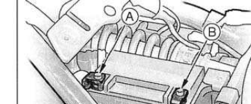 Top of the battery showing the positive and negative terminals, with callout A on the (+) terminal and callout B on the (−) terminal.