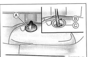 Oil filler cap / dipstick removed from the engine, with the high and low level lines on the gauge marked by callout letters.