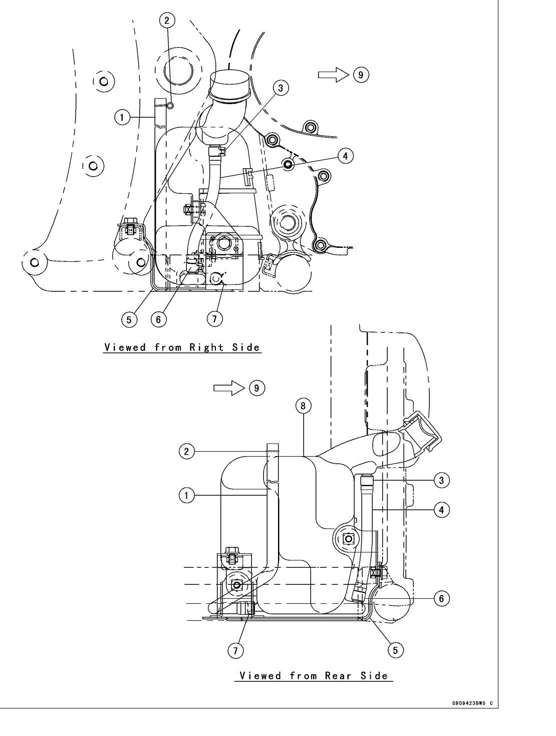 Coolant-hose routing plate with right-side and rear-side views of the coolant reservoir, the coolant and level-gauge hoses, the frame bracket and the securing clamps.