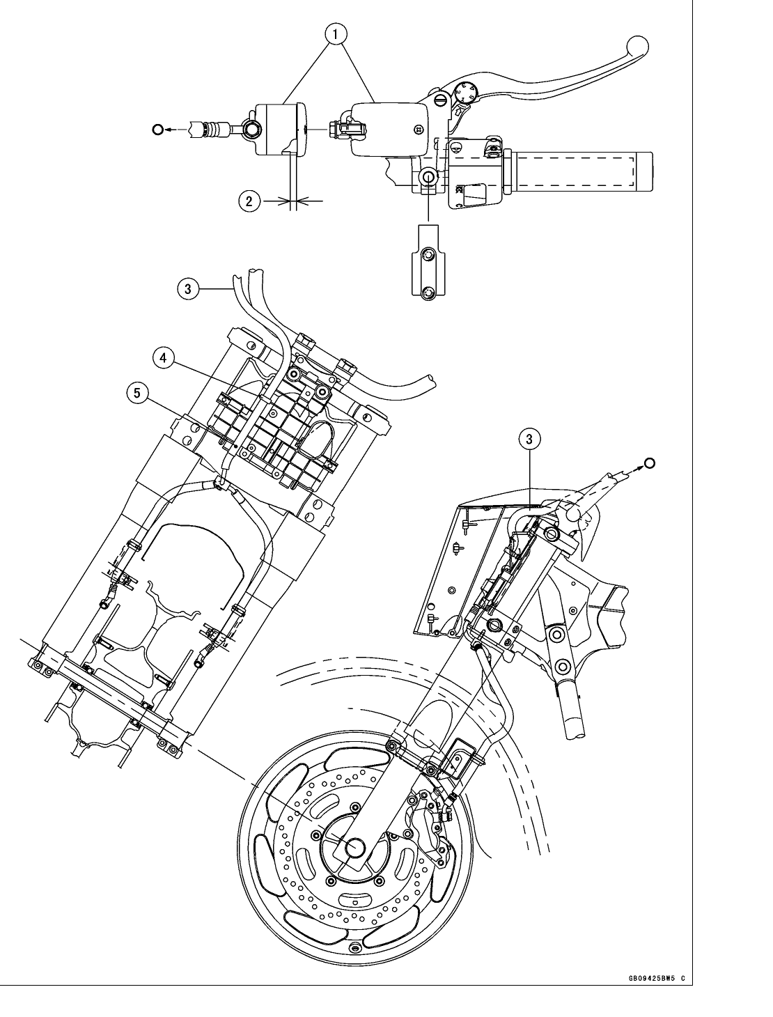 Front-brake-hose routing plate showing the master-cylinder reservoir, the brake hose running down the fork to the caliper, the clamps and the 6 mm reservoir clearance dimension.