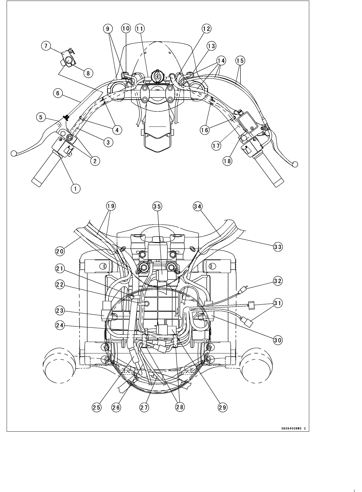 Cable, wire and hose routing diagram for the handlebar area (top) and the engine top (bottom), with 35 numbered callouts.