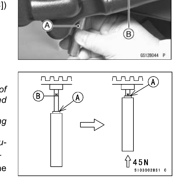 Drive-belt tension gauge pressed against the lower belt run, and a schematic showing the gauge stopper pushed up until the 45 N scale is reached.