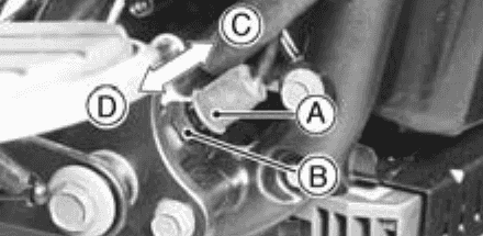 The rear brake-light switch at the pedal, callouts marking the switch body and adjusting nut and arrows for raising and lowering the body to change when the light comes on.