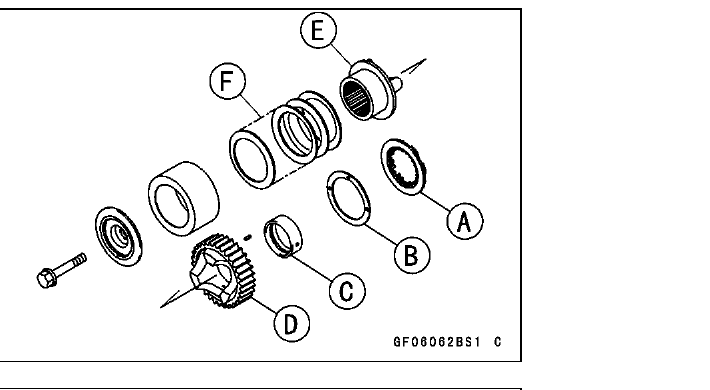 Exploded view of the cam-damper sub-assembly that sits on the crankshaft behind the clutch hub.