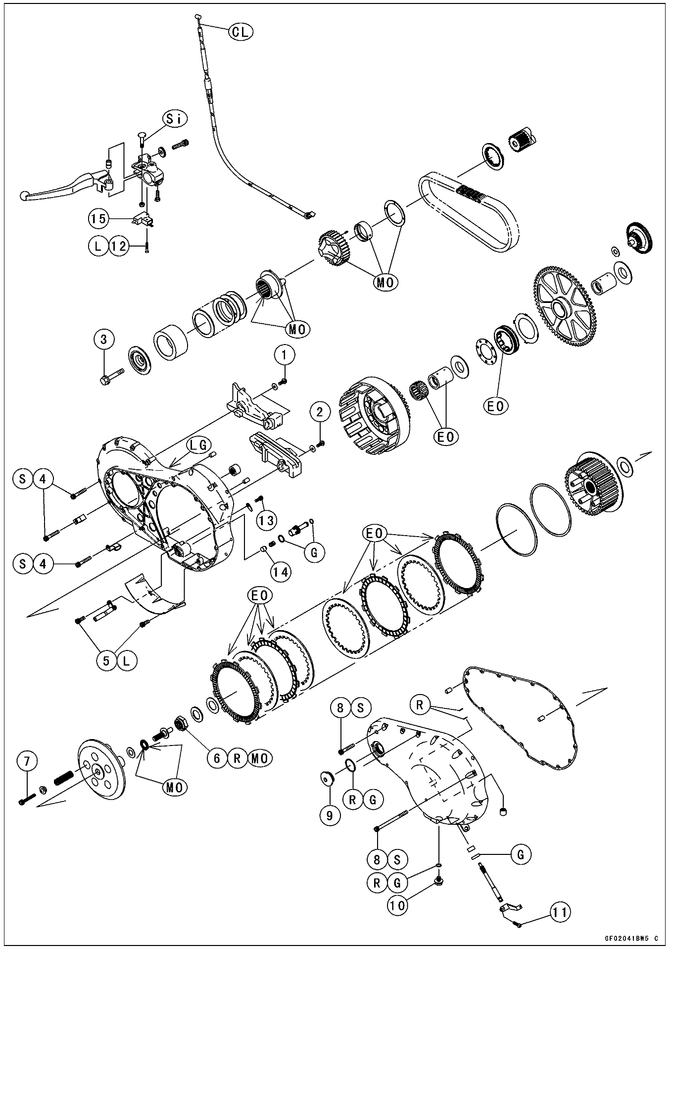 Exploded view of the VN2000 wet multi-plate clutch: cable and lever, outer and inner clutch covers, clutch housing, friction and steel plates, springs, hub and starter clutch.