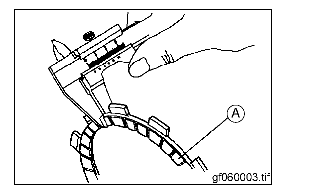 A vernier caliper measuring the thickness of a clutch friction plate at its toothed rim.