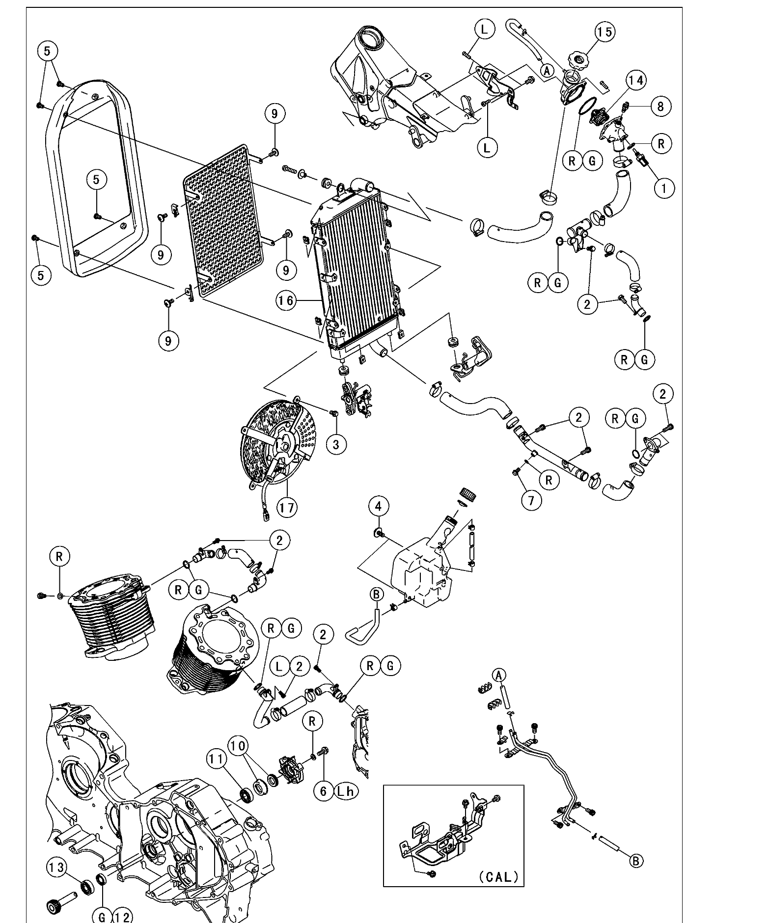 Exploded view of the VN2000 cooling system: radiator and screen, radiator fan, radiator cap, thermostat housing, water pump, water pipes, hoses and reserve tank.