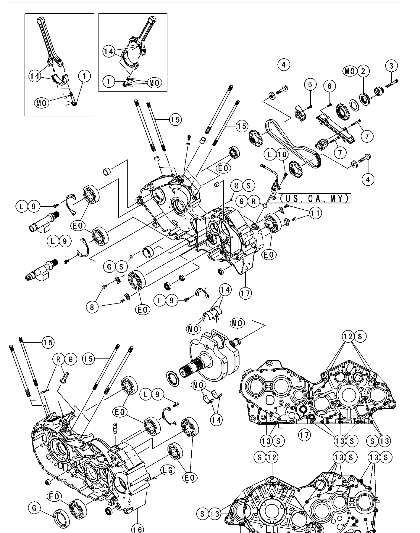 Exploded view of the VN2000 crankcase, crankshaft, connecting rods and the front and rear balancer shafts with their timed chain.
