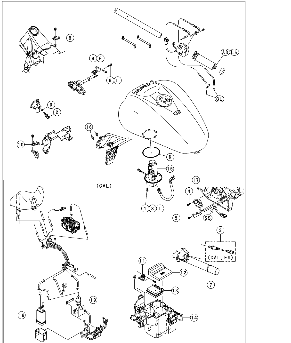 Exploded view of the VN2000 fuel system: fuel tank, in-tank fuel pump, throttle bodies and cables, ECU, sensors and the evaporative canister.