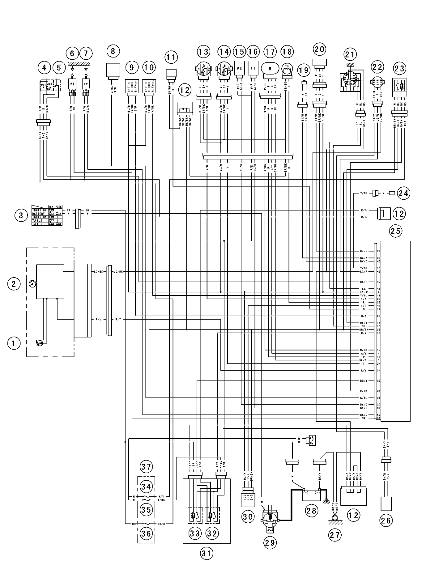 DFI system wiring diagram showing all fuel-injection sensors, actuators, relays and the ECU connector with its wire-colour pin labels.