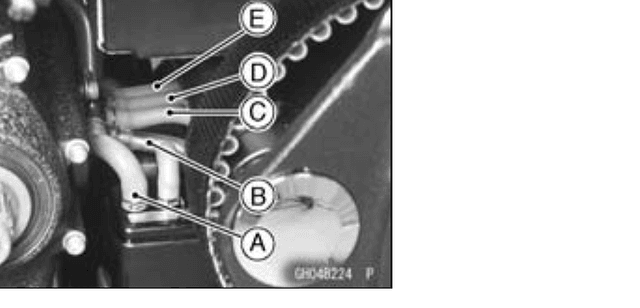 The five colour-coded hoses at the front of the engine to disconnect before lifting the engine out, with callouts A–E.
