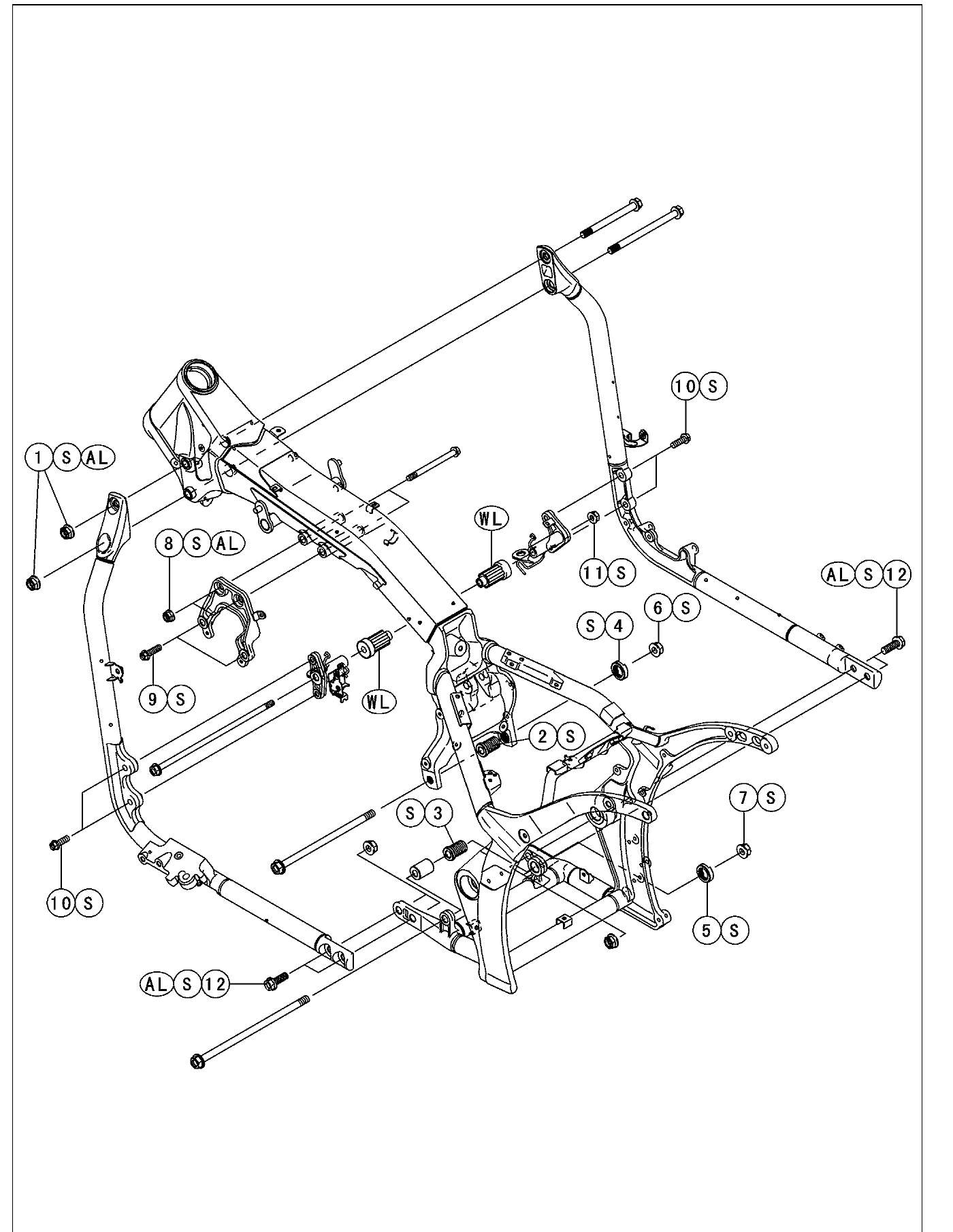 Exploded view of the VN2000 engine mounting: front and rear downtubes, upper and lower engine brackets, the upper/lower adjusting bolts and locknuts, and all twelve numbered mount fasteners.