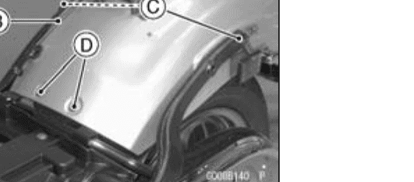 The rear fender panel lifted on the sub-frame, callouts marking the front mounting bolts and the side Allen bolts that secure it.