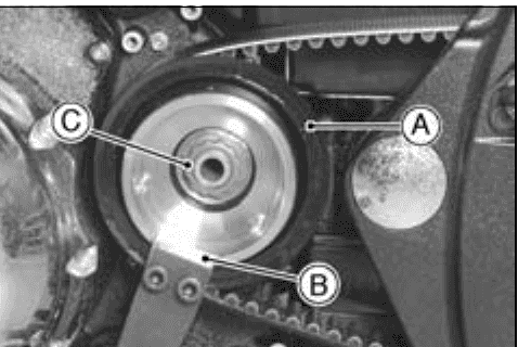 Engine output pulley held by a holder tool with the drive belt around it while the mounting nut is loosened or tightened.