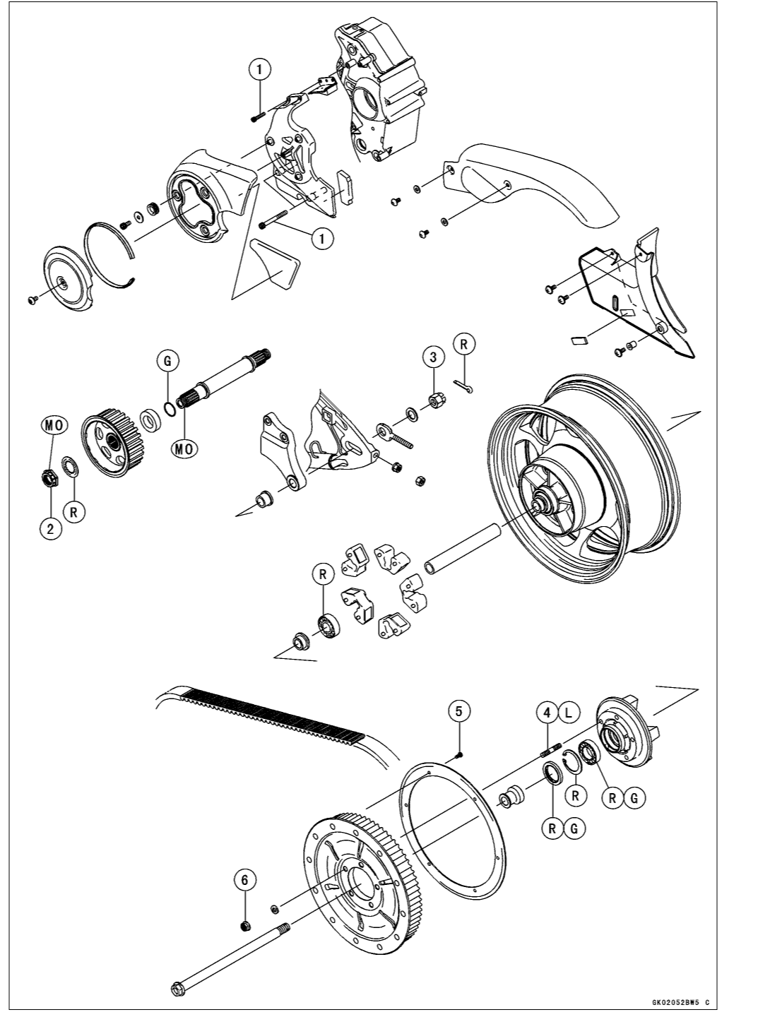 Exploded view of the VN2000 final drive: engine pulley and cover, output shaft, drive belt, rear pulley, coupling and rear wheel.