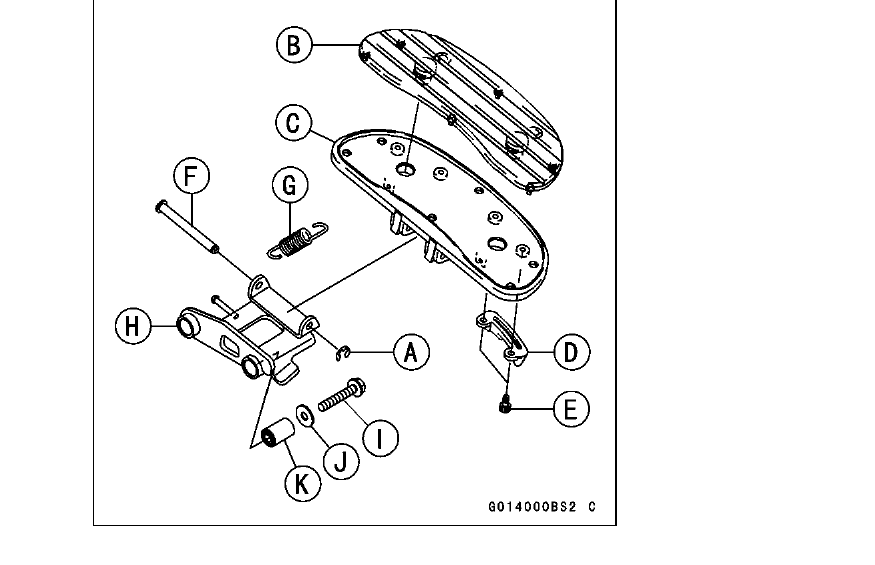 Exploded view of the right footboard sub-assembly showing the footboard plate, damper, bracket, bank sensor, return spring, pin, circlip and mounting hardware.