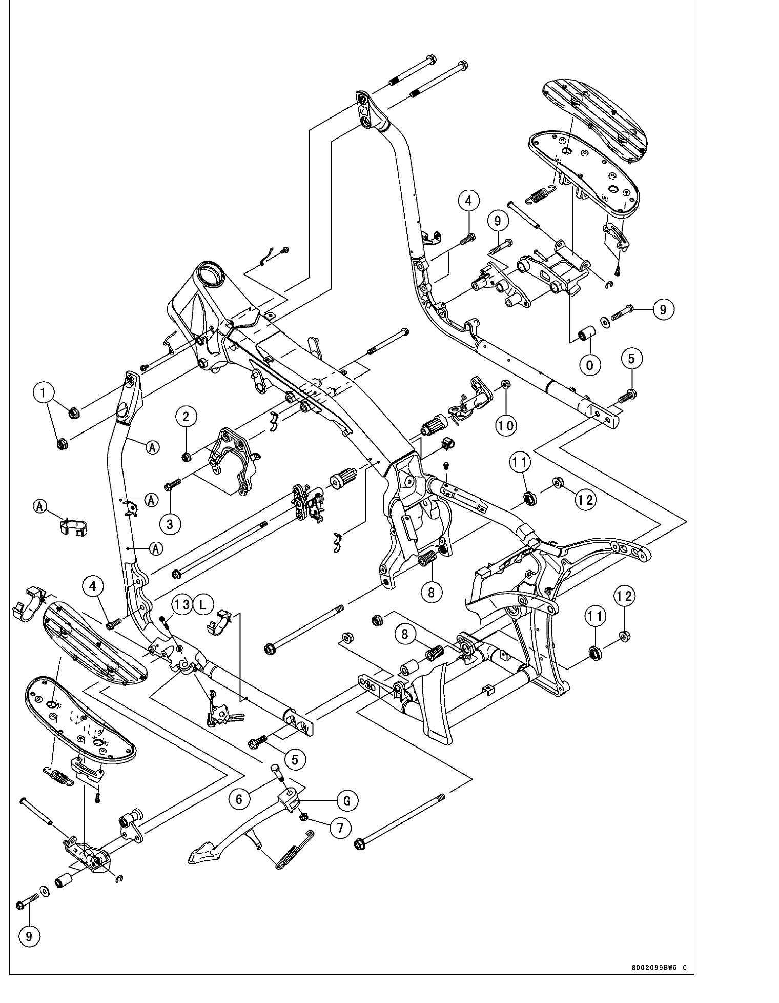 Exploded view of the VN2000 frame: main frame, front and rear downtubes, engine mounting brackets and bolts, footboards, shift linkage and side stand.