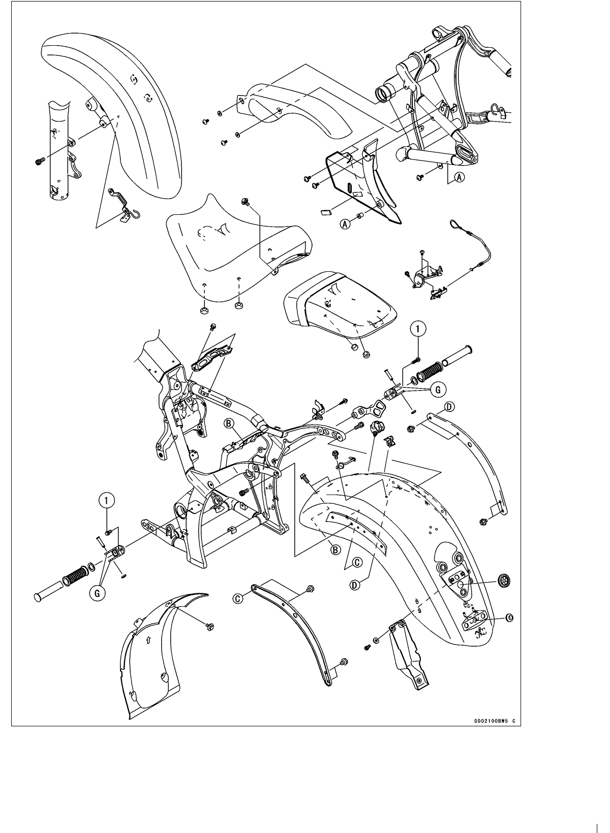 Exploded view of the VN2000 front and rear fenders, seats and footboard brackets around the frame body.
