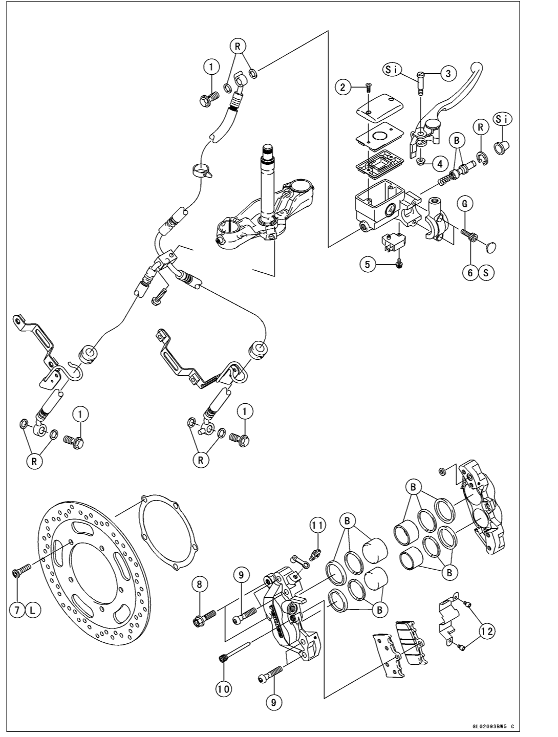 Exploded view of the VN2000 front brake: dual discs, four-piston calipers, master cylinder, lever, hoses and pads.