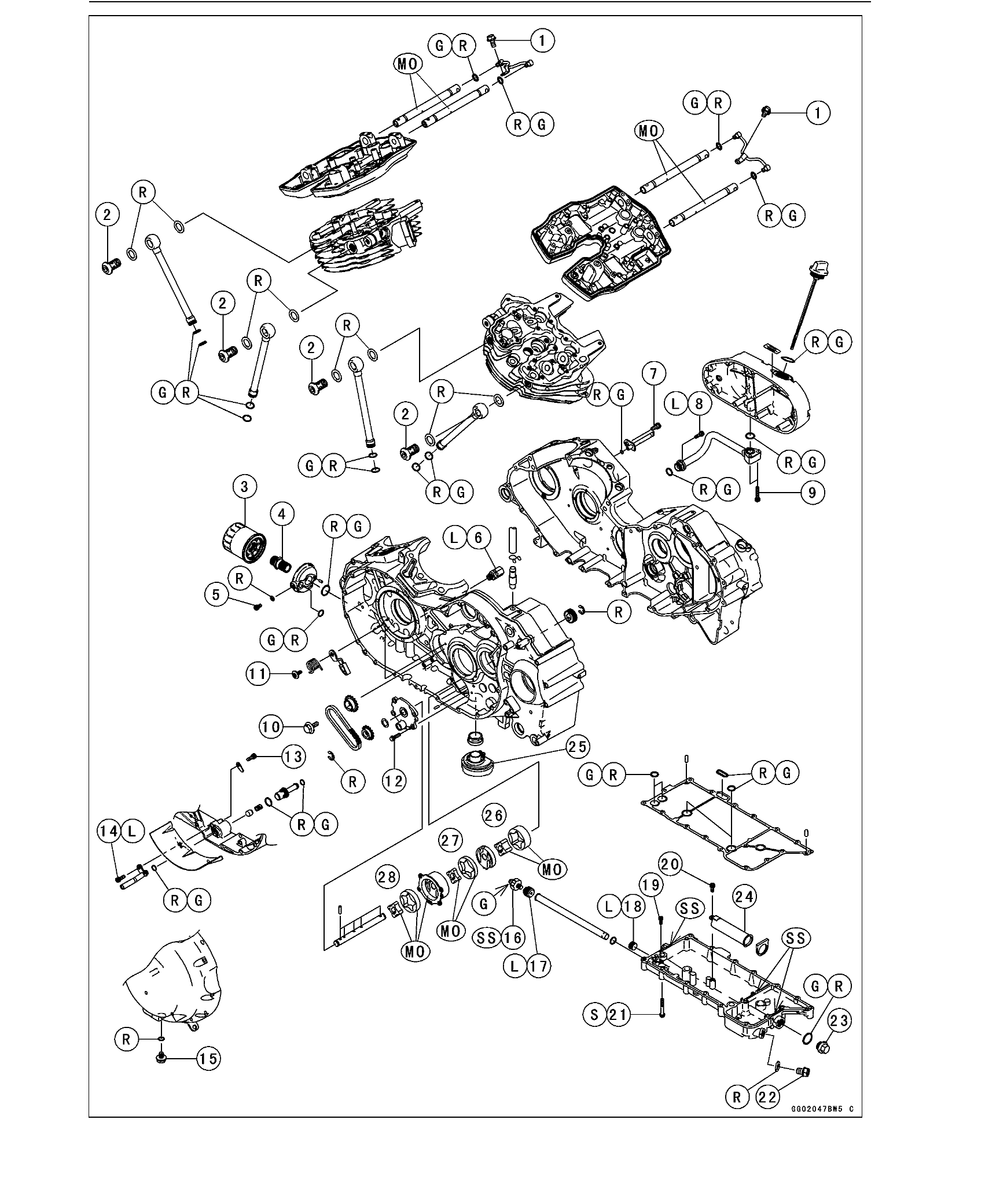Exploded view of the VN2000 engine lubrication system: oil pump rotors, oil pipes, oil filter, relief valve, oil pressure switch, oil screens and oil pan.