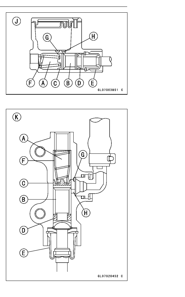 Cross-section drawings of the VN2000 front [J] and rear [K] brake master cylinders, with the bore, piston, cups, dust covers, return spring and the relief and supply ports labelled A–H.