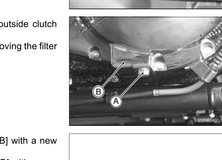 Underside view of the engine showing the clutch-cover drain plug and the oil-passage drain plug, labelled A and B.