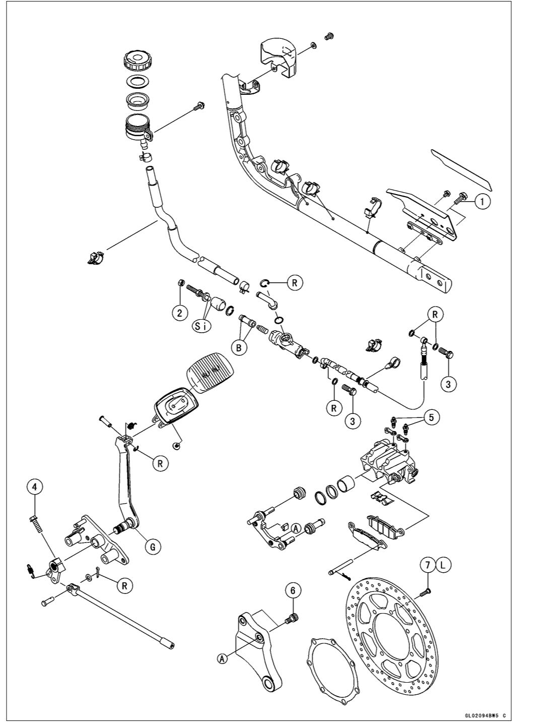 Exploded view of the VN2000 rear brake: single disc, caliper, rear master cylinder, push rod and hose.