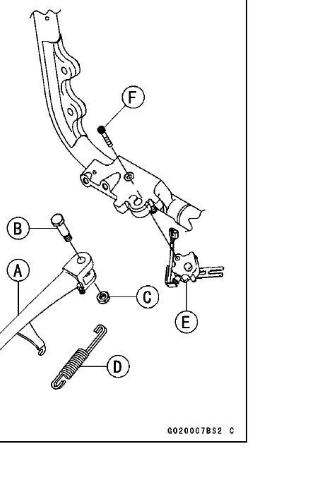 Exploded view of the side-stand assembly: the stand, its mounting bolt and nut, the return spring, and the side-stand switch with its bolt.