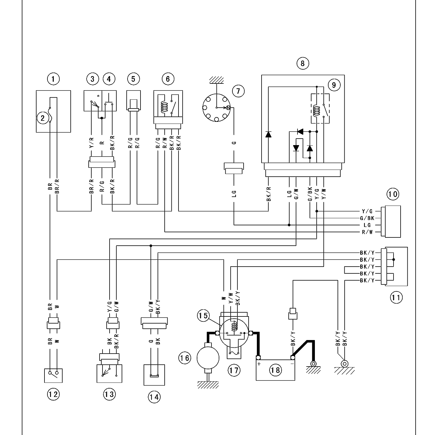 Electric starter circuit diagram: starter button, relays, starter lockout switches, starter relay, starter motor and battery with wire colours.