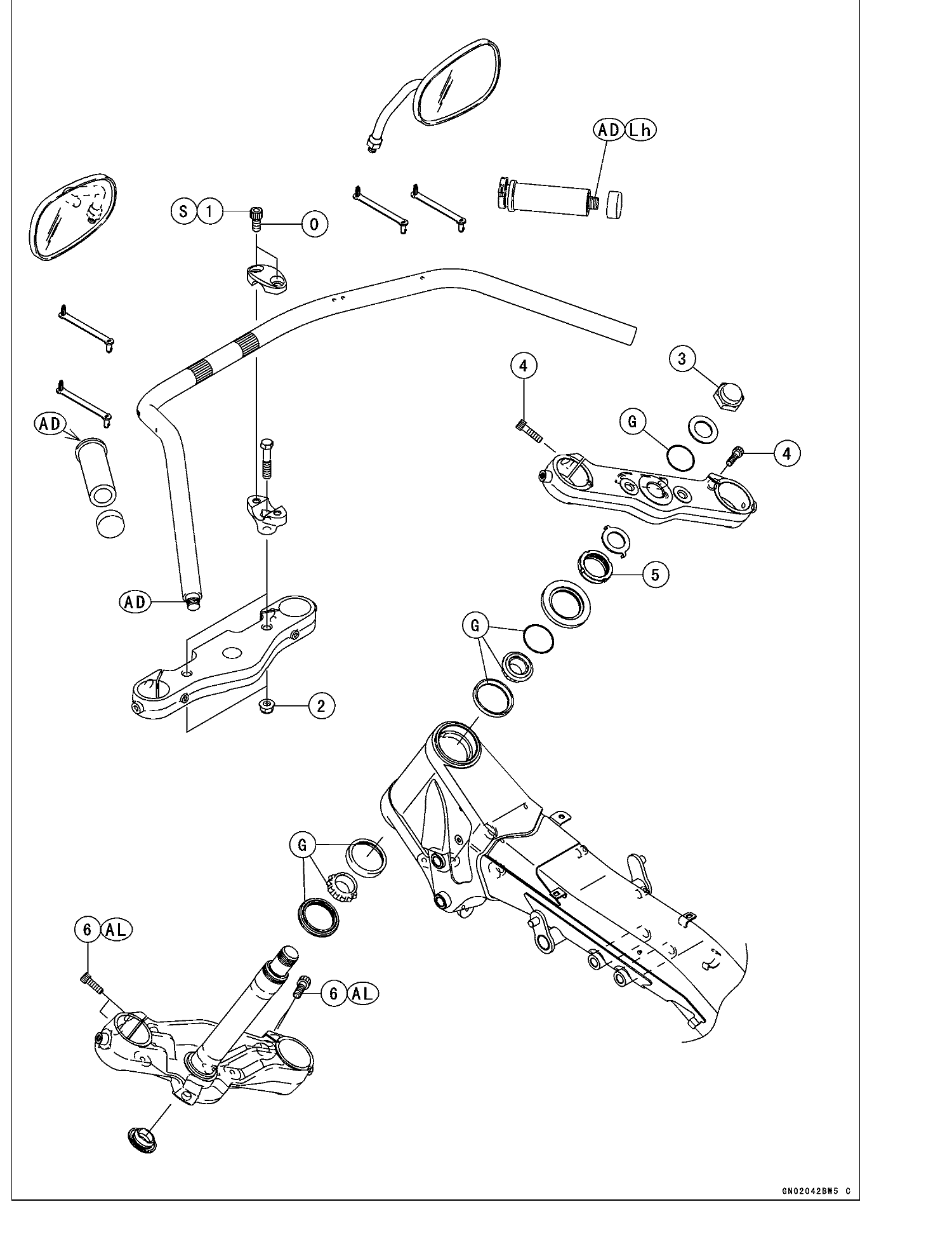 Exploded view of the VN2000 steering: mirrors, handlebar and clamp, grips, upper and lower yokes, stem-head nut, steering-stem nut, stem bearings, races, grease seals and stem cap.