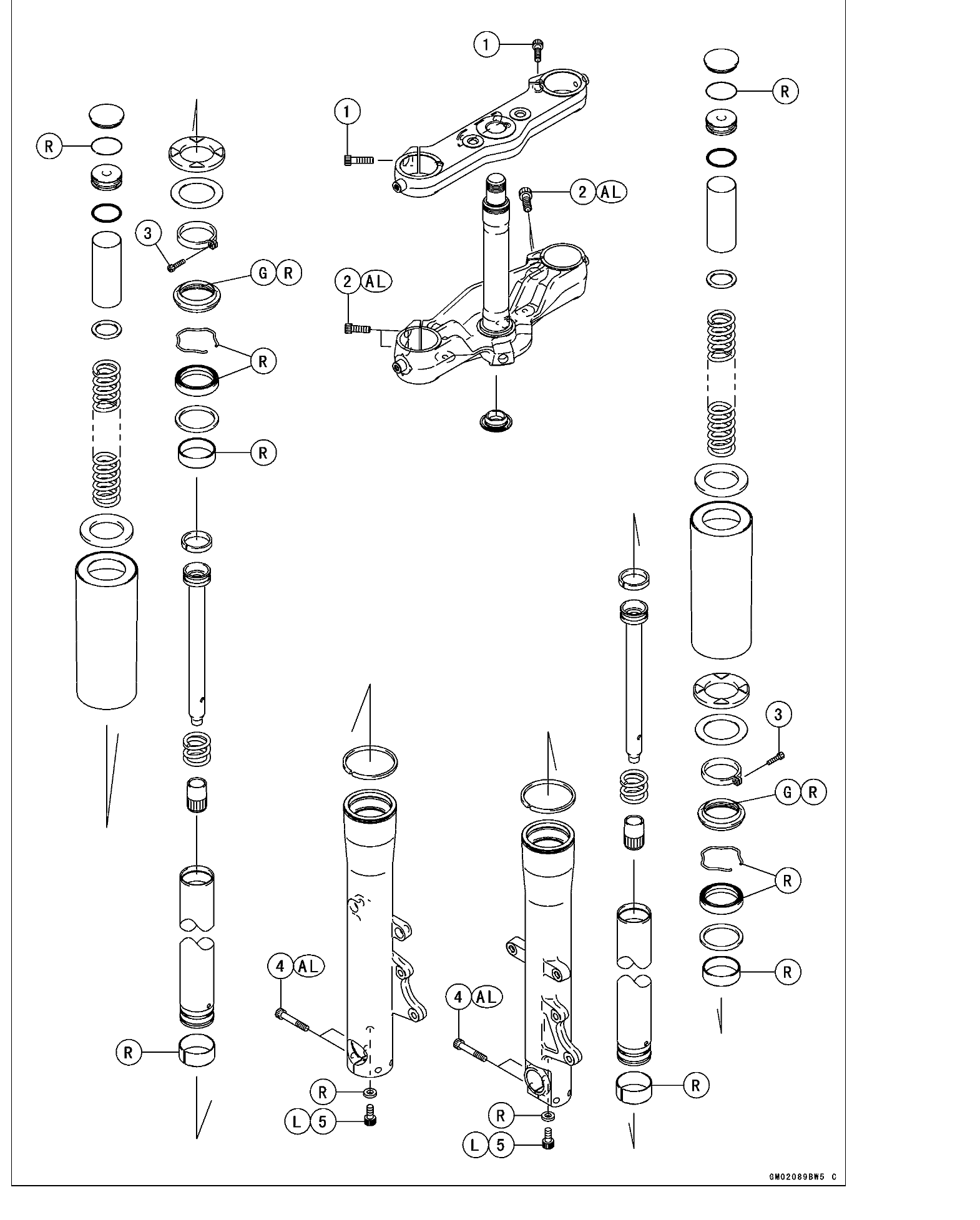 Exploded view of the VN2000 front forks and steering-stem clamps: top and bottom yokes, fork caps, springs, inner and outer tubes, guide bushings, oil and dust seals, and the bottom Allen bolts.