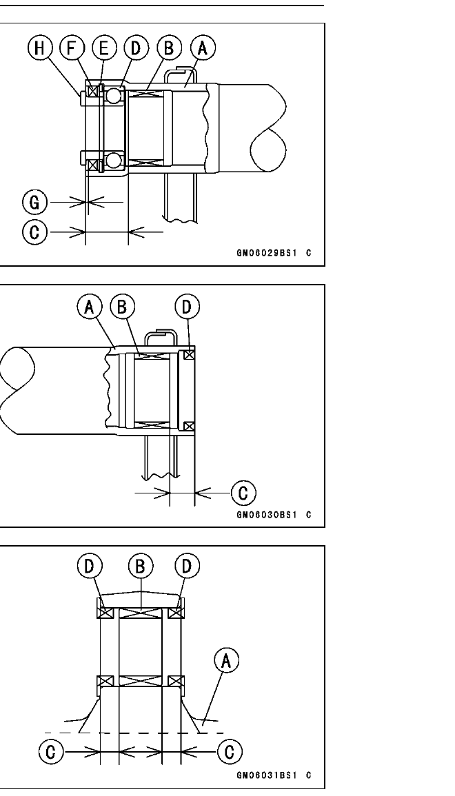 Three cross-section drawings of the swingarm pivot showing the needle and ball bearings, seals and circlip pressed to specified depths on the left, right and upper pivots.