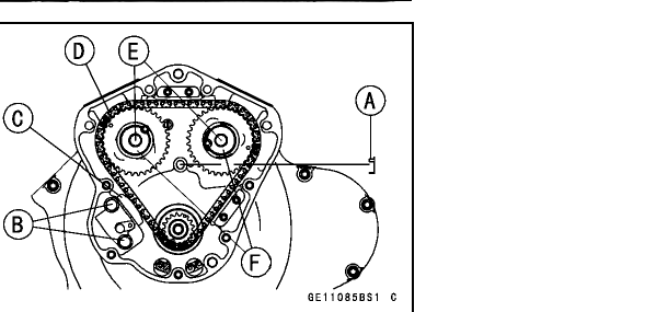 Camshaft, camshaft-chain and chain-tensioner assembly exposed during camshaft removal, with parts lettered A to F.