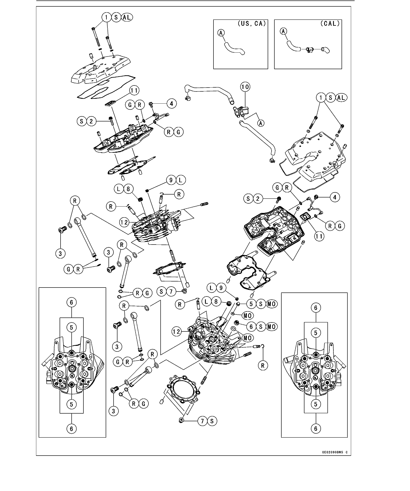 Exploded view of the VN2000 engine top end: rocker case covers, rocker cases and shafts, camshafts and covers, cylinder heads, push rods, cylinders and pistons.