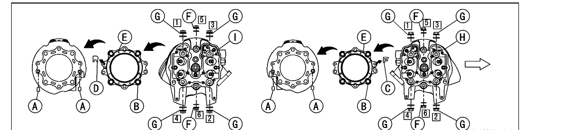 Cylinder-head nut tightening-sequence diagram for the front and rear cylinder heads, numbered 1 to 6 with lettered head nuts.