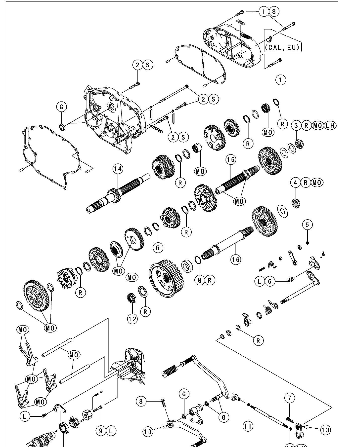 Exploded view of the VN2000 5-speed transmission: drive shaft, output shaft and pulley shaft with their gears, the shift drum and forks, the external shift mechanism and the transfer gears.