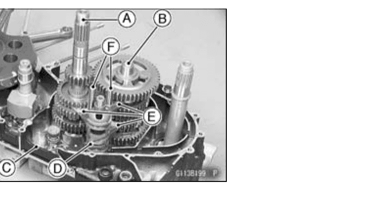 The transmission drive and output shafts with their gear clusters, the shift drum and the shift forks seated together in the right crankcase half.