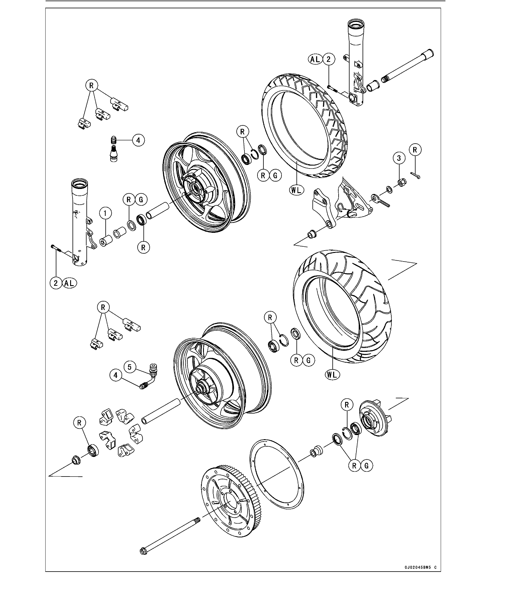 Exploded view of the VN2000 front and rear wheels: rims, tires, hub bearings, collars, axles, caliper brackets and the rear wheel coupling.